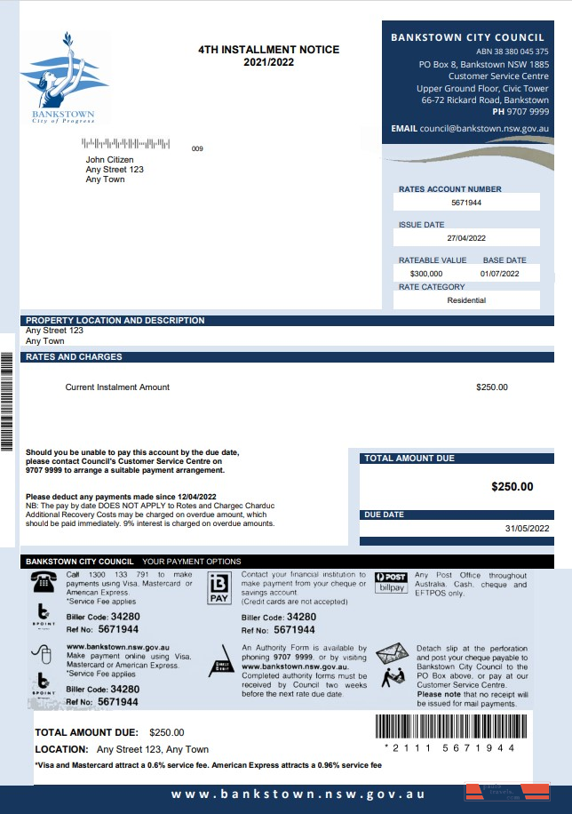 Australia NSW Bankstown City Council utility bill